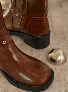 SHUZIA Double Buckle Chunky Slip-On Combat Ankle Boot - Black - View 7
