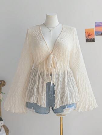 Soleia Plus Size Women Apricot Knitted Textured See-Through Open Front Tie Waist Flare Sleeve Top,Front Tie Bow,Thanksgiving Women Outfit,Hippie Clothes,Christmas Women Top,Going Out Top,Beach Women Outfit,Halloween Women Costumes,Fall Clothes Curve,Mexican Women Top,LLong Sleeve Women Blouses,Long Sleeve Mesh Top,Party Clothes