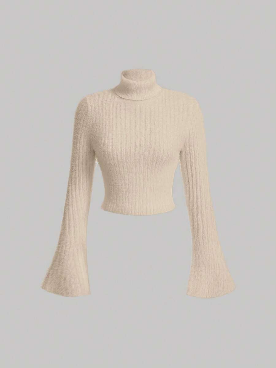 SHEIN MOD Women's Plain Color Bell Sleeve Casual Turtleneck Sweater, Autumn/Winter - Apricot - View 1