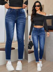 SHEIN Essnce Simple Stylish Fitted Denim Jeans, Suitable For Casual Outings - Dark Wash - View 1