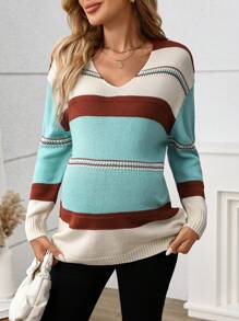 SHEIN Maternity Colorblock V-Neck Striped Sweater For Autumn/Winter - Multicolor - View 6