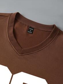 Manfinity Dauomo Men's V-Neck 99 Graphic Print Long Sleeve T-Shirt, Y2K Sporty Style - Brown - View 3