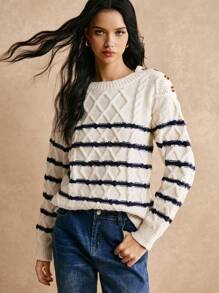 Poéselle 女士条纹印花圆领长袖套头衫，2024 秋冬，冬装，蓬松，优雅女士，商务女士服装 - 黑與白 - 查看 7