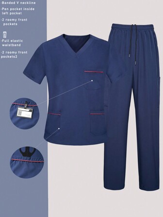 Manfinity Herren einfarbiger V-Ausschnitt Kurzarm Tasche Top und Hosen Medizin-Uniform Sets