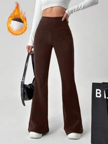 SHEIN EZwear Quần ống loe ấm áp mùa thu đông màu đen có lót nhiệt - màu nâu - Xem 3