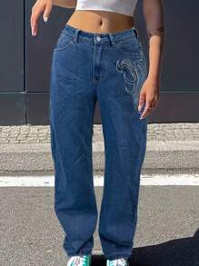 2024 Popular Straight-Leg Embroidered Denim Jeans - Medium Wash - View 6