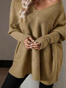 INAWLY Pull over à col V couleur unie motif diamant, grande taille, automne/hiver