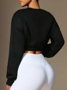Easithlete Women's Solid Color Round Neck Drop Shoulder Long Sleeve Cropped Casual Fitness Sweatshirt - Black - View 2