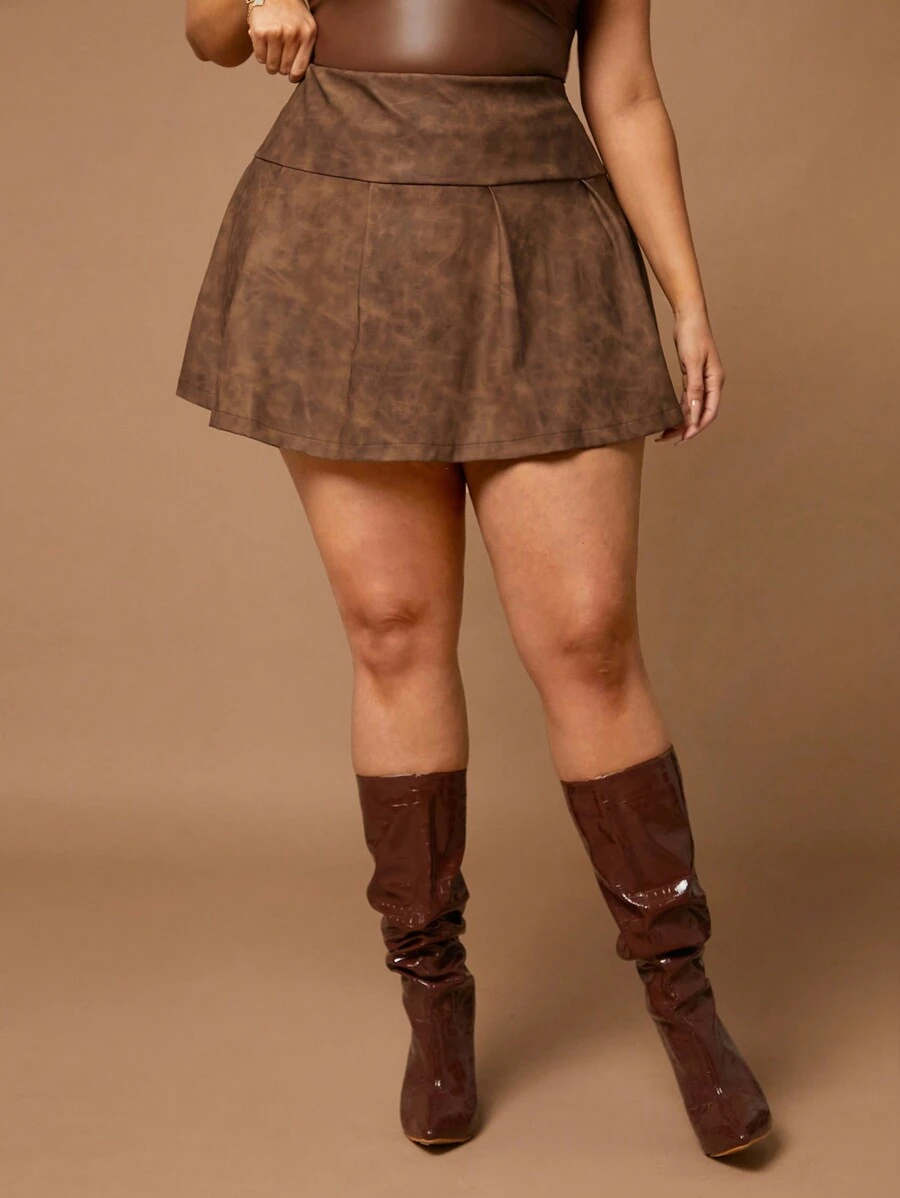 SHEIN BAE Plus Size Fall 1pc Elegant Party Sexy Sweet Woman Brown Retro Washed Old Washed Pu Leather Skirt Halloween Go Out - Brown - View 1