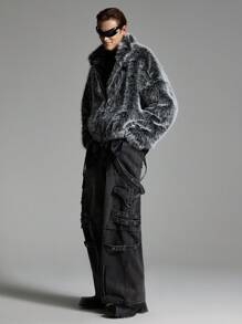 NEON BLANC Men's Loose Drop Shoulder Black And White Fluffy Long Sleeve Jacket