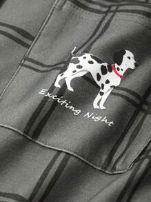 DAZY Bộ đồ ngủ rộng rãi họa tiết kẻ caro in hình chú chó dễ thương - Màu xám đen - Xem 6