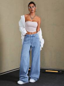 SHEIN Tall 女式宽松贴袋阔腿洗水牛仔裤 - 中等水洗藍 - 查看 2