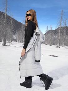 SHEIN EZwear Chaqueta casual de mujer con capucha de unicolor, rellena de plumas y fibra de plumón para invierno, con correas interiores de transporte