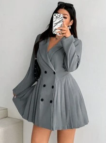 Flirla Robe tailleur plissée grise grande taille, robe blazer élégante pour le bureau - Gris - Voir 3