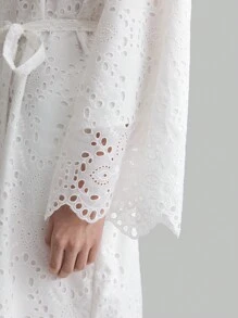 Ontre 1 件女士休闲法式长袖收腰刺绣连衣裙，白色，适合秋季 - 白色 - 查看 6