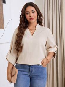 SHEIN LUNE Plus Size Women Casual Asymmetrical Hemline Notched Neck Button Decorated Texture Stripe Vacation Blouse, Autumn Thanksgiving Outfit Holiday Outfit