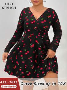 SHEIN CURVE+ Plus Size Women's Summer Garden Party Casual Cherry Blossom Print V-Neck Short Sleeve Dress With Loose A-Line Silhouette And Ruffle Hem