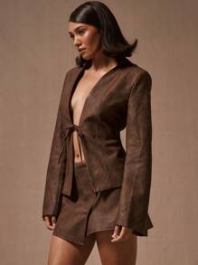 MUSERA 系带前开襟PU蛇纹印花夹克 夏季 - 棕色 - 查看 2