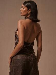 MUSERA 性感垂褶露背吊带上衣，性感海滩度假伊比沙岛浓缩咖啡西部音乐节锐舞派对夜店上衣秋冬