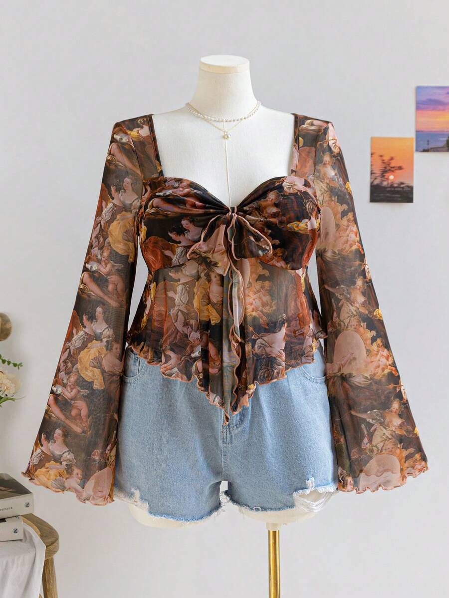 Soleia Áo Babydoll in hình sao và mặt trăng rộng rãi cho kỳ nghỉ/trở lại trường dành cho nữ cỡ lớn, áo sơ mi tay loe, thích hợp cho đầu thu - Nhiều màu - Xem 1