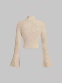 SHEIN MOD Women's Plain Color Bell Sleeve Casual Turtleneck Sweater, Autumn/Winter - Apricot - View 2