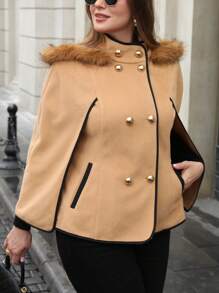 Flirla 大码撞色镶边双排扣斗篷袖优雅大衣 - 棕色 - 查看 7