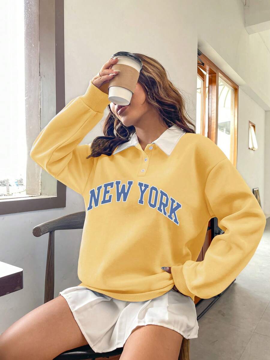 SHEIN Unity Áo nỉ trùm đầu tay dài in chữ All Match cài nút thường ngày - Màu vàng - Xem 1