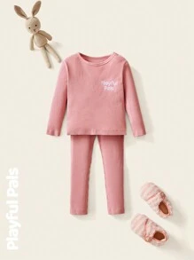 SHEIN 4 sztuki, bez względu na płeć, odpowiednie dla młodych dziewcząt i chłopców, słodkie/vintage/codzienne/odzież domowa/odzież wierzchnia, nadruk z napisem, długi rękaw, okrągły dekolt, T-shirt i spodnie, 2 sztuki, zestaw, uniwersalny na wiosnę/jesień/zimę, na każdy mecz