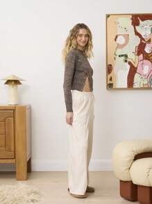 Aralina Luxe Marle Assymetric Stud Design Yarn Long Sleeve Knitted Cropped Sweater - Coffee Brown - View 14