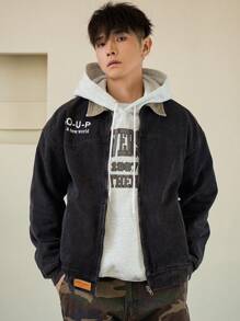 DAZY Chaqueta vaquera informal con estampado de letras para hombres, otoño - Gris Oscuro - Ver 1