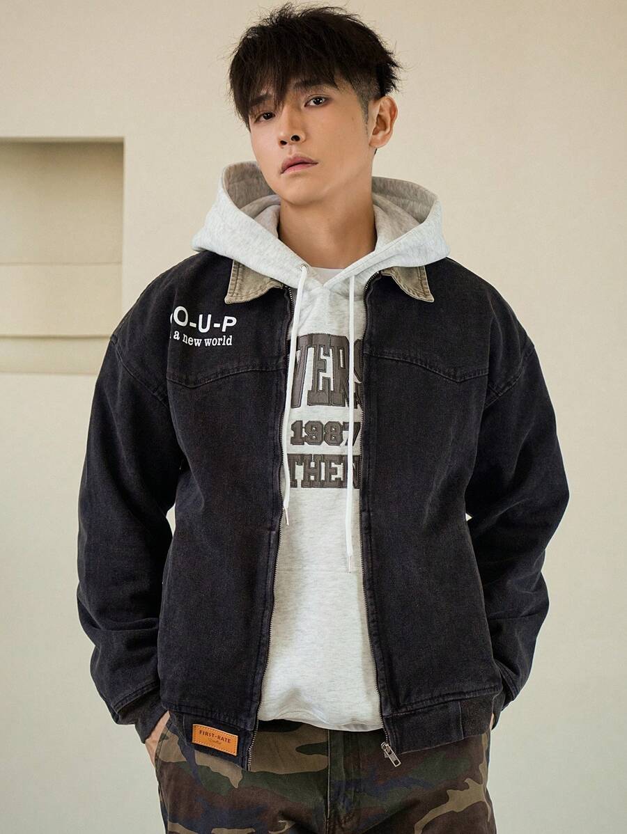 DAZY Chaqueta vaquera informal con estampado de letras para hombres, otoño - Gris Oscuro - Ver 1