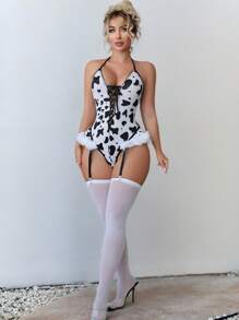 Fantasy Costume Fantasy Costume Bộ 2 món đồ Halloween gợi cảm họa tiết da bò, xếp nếp, có lông và dây đeo tất. - Đen và trắng - Xem 3