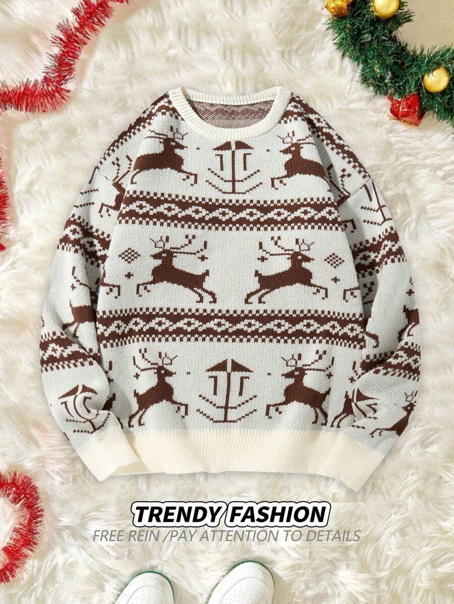 Manfinity EZcore 男士休闲几何鹿印花毛衣，秋季圣诞长袖休闲拼色套头毛衣，适合聚会、朋友