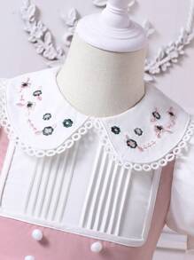 年轻女孩优雅公主学院风格撞色边刺绣彼得潘领泡泡袖二合一方领高低连衣裙，适合夏季、学校、返校、派对、表演、家庭聚会、度假、夏季、旅行 - 彩色 - 查看 5