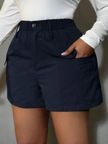 SHEIN SXY 大码休闲纽扣短裤，适合户外活动 - 藏蓝色 - 查看 1