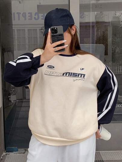 Plus Size Color-Blocking Ribbons Letter Print Loose Fit Sweatshirt, College Style,Fall Clothes