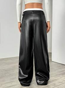 SHEIN EZwear Women PU Black Zipper Fly Wide Leg Pants, For Fall