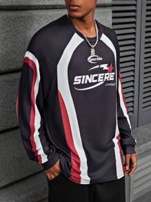 Manfinity Dauomo Men's Round Neck Long Sleeve Solid Color Patchwork Letter Print Casual T-Shirt