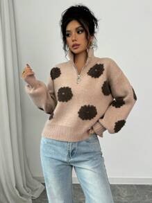 Chiquease Top de chandail tricoté à encolure montante zippé, imprimé floral jacquard, décontracté pour les vacances pour femmes
