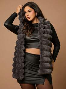 SHEIN BAE 大码秋季优雅外出性感派对女式炭灰色毛绒连帽背心外套保暖外套秋冬 - 杏色 - 查看 6