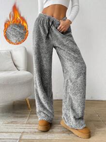 SHEIN EZwear 女士新款秋冬纯色前系带简约休闲羊毛运动裤，宽松长裤，适合家居服 - 灰色 - 查看 1