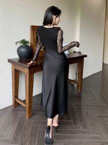 DAZY Vestido midi feminino com decote quadrado e renda contrastante, manga comprida, plissado, aniversário, vestido de baile de véspera de ano novo elegante, roupas de outono - Preto - Ver 2