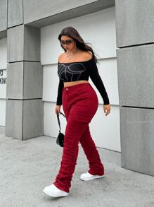 SHEIN ICON 红色大码修身弹力喇叭牛仔裤，圣诞红Y2K风格 - 酒紅色 - 查看 6