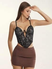 Glamine Women Floral Mesh Lace Asymmetric Hem Sexy Fitted Camisole Top,Black Lace Corset,Sexy Women Outfits,Black Corset Top,Going Out Tops