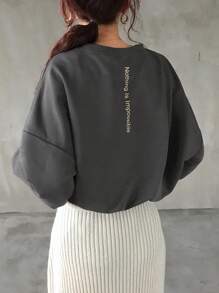 FRIFUL Áo thun tay dài cổ tròn in chữ rộng rãi cho nữ, phù hợp cho mùa thu - Màu xám đen - Xem 3