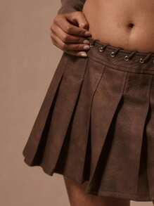 MUSERA 缝线腰褶PU迷你裙 Y2k 夏季感恩节派对 - 棕色 - 查看 5