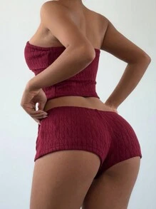 Aloruh Women 2pcs, Fall Suit, Ancora Red Suit, Simple Elegant Hottie Young Girl Y2K Suit, Party Home Suit, Christmas Suit, Burgundy Knitted Vest + Mini Shorts, Daily Casual Sports Street Knitted Suit, 2pcs Christmas Wine Red Bandeau With Bow Decor Shorts Set For Women