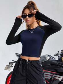 SHEIN EZwear Letter Patched Detail Contrast Raglan Long Sleeve Crop Tee