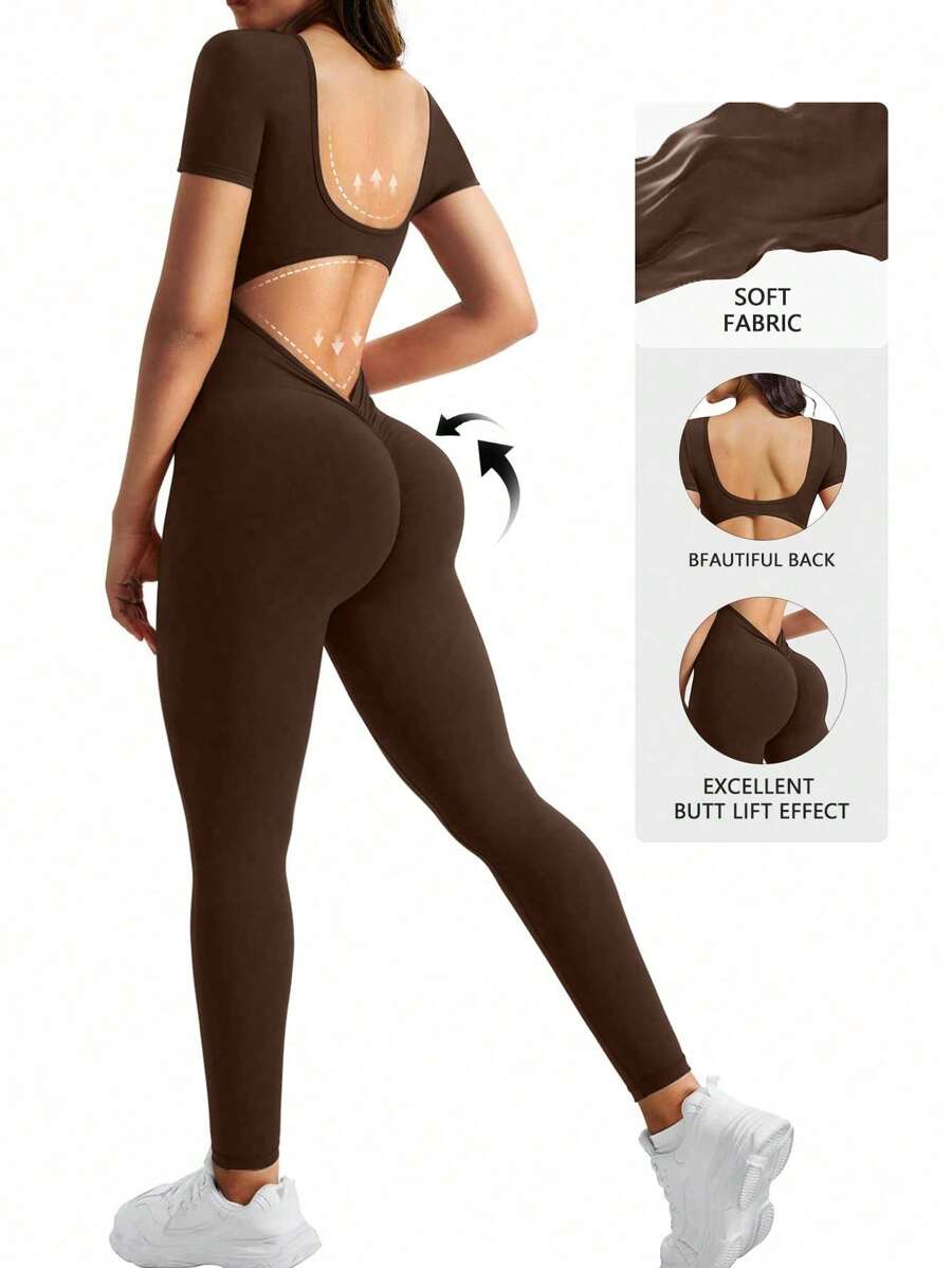 Gameset SHEIN Sport Women's Solid Color Seamless High Elasticity Sports V-Back One-Piece Pants