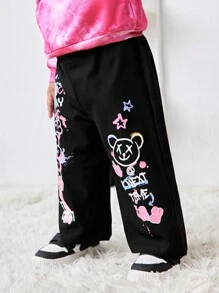 SHEIN Babygirl Autumn/Winter Cute Versatile Cartoon Graffiti Elastic Waist Long Pants - Black - View 3